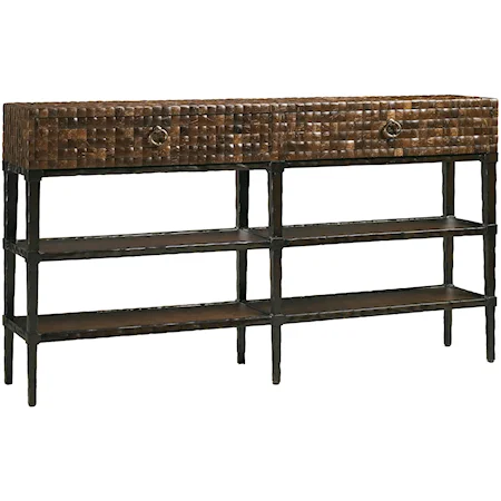 Mc Alpine Two-Drawer Four-Shelf Console Table with Coconut Bark Veneer & Hammered Metal